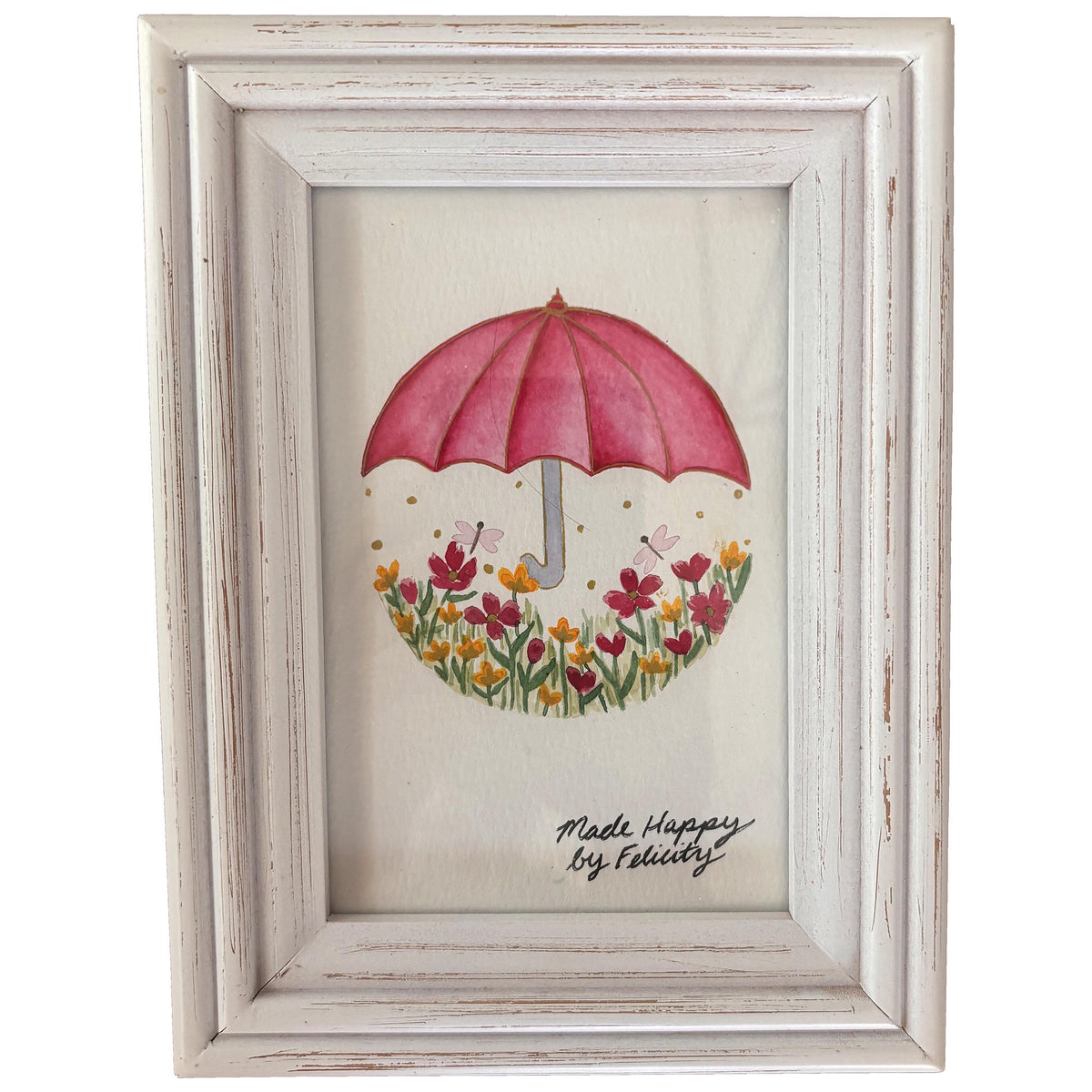 Pink Umbrella & Wildflowers – Original Watercolor Painting (Framed or Unframed)