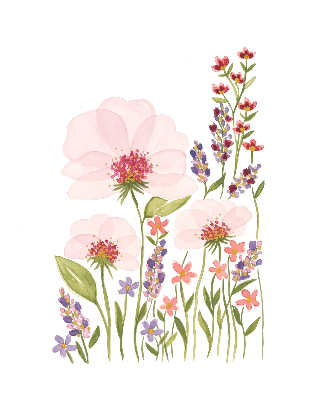 Pink Cosmos & Wildflowers – Original Watercolor Painting