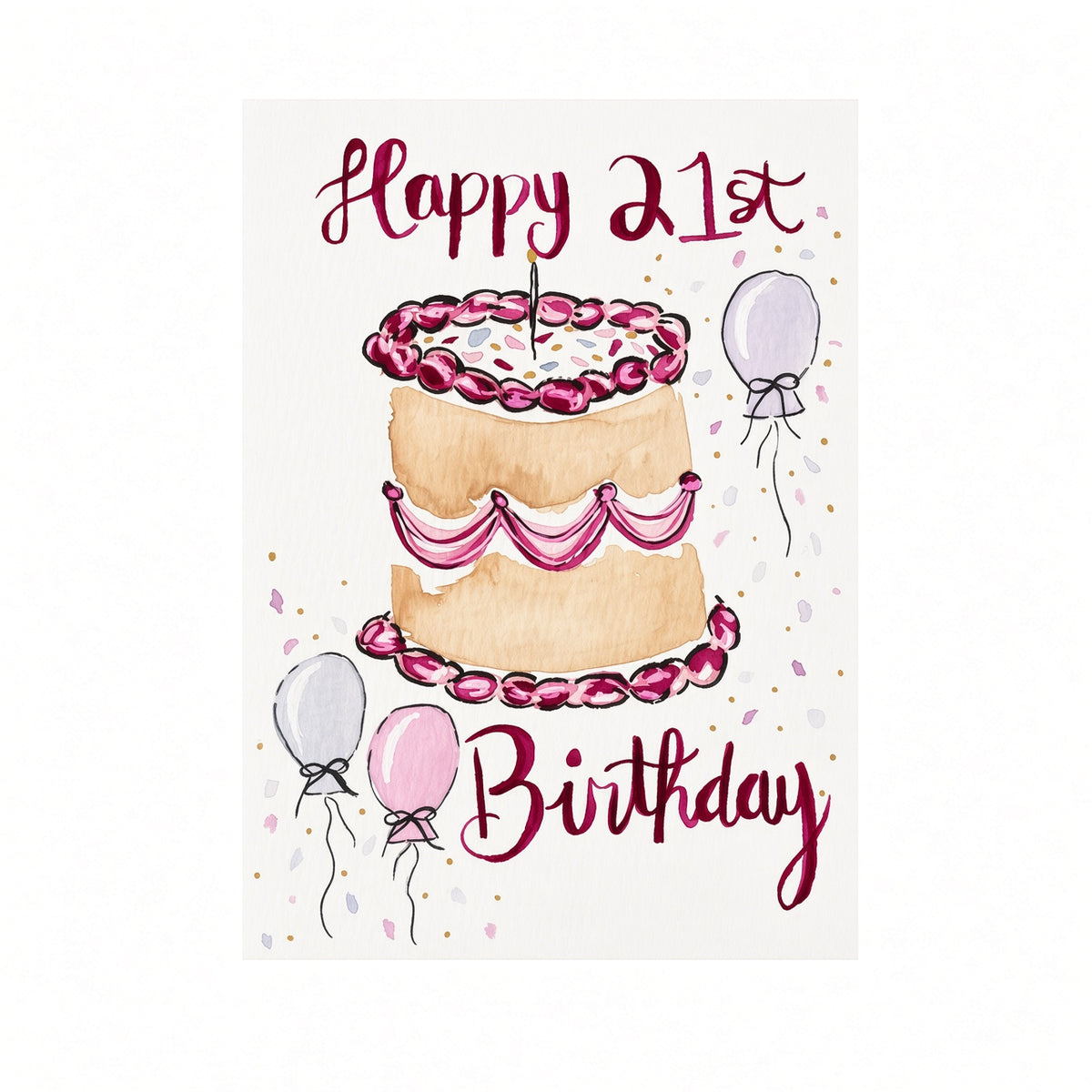 Happy 21st Birthday Cake Card – Original Watercolor